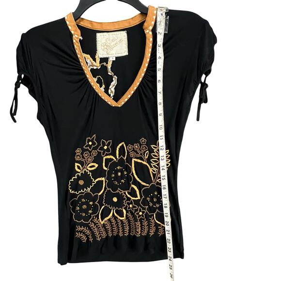 Soul Revival Shirt Womens S Black Tan Embroidered Leather Trim Western Boho Top - Picture 8 of 13
